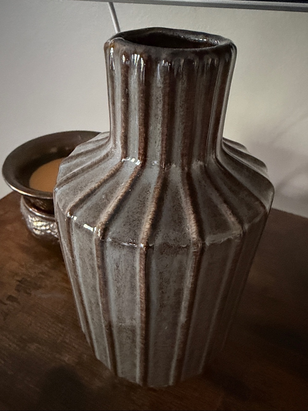 8” Ribbed Gray Ceramic Decorative Vase